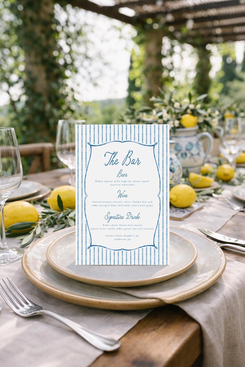 Classic Wedding Bar Menu Template, Watercolor Blue Stripes, Shower Bar ...