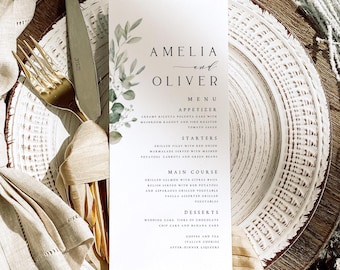 Menù di nozze con stampa di fogliame verde e acquerello, menù minimalista stampato per matrimonio, menù di nozze personalizzato, menù per cena, n. 008
