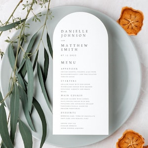 Menu de casamento em arco minimalista impresso, menu de jantar de casamento moderno, impressões de menu de jantar de recepção, papel texturizado fosco, cartão de alta qualidade #DNLL