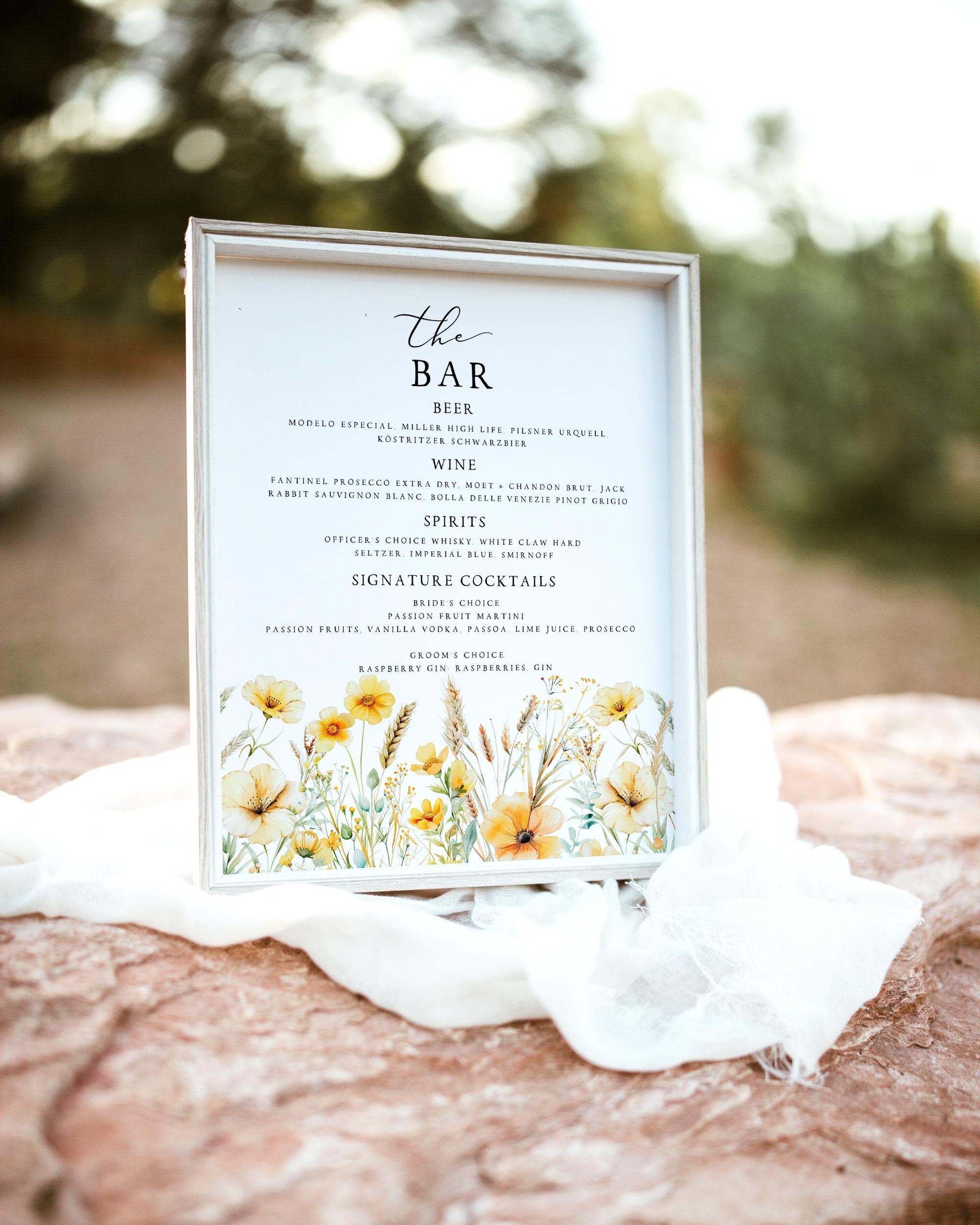 Canva Wedding Bar Sign Template: Yellow Wildflower Summer Florals ...