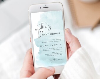 Watercolor Baby Shower Evite, Baby Blue Invitation Template (Digital Download) AGTH