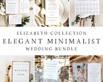 Peut inclure: Une suite de papeterie de mariage au design minimaliste avec un fond blanc et du texte noir. La suite comprend une invitation, une carte RSVP, une carte de détails, un menu, un plan de table, un panneau de bienvenue et un panneau personnalisé. La suite est parfaite pour un mariage moderne.