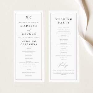 May include: Wedding ceremony programme with a black border and white text. The programme lists the order of events for the wedding ceremony of Madelyn and George, which will take place on 4th July 2024 in Miami, Florida. The second page lists the wedding party, including the parents of the bride and groom, the officiant, maid of honour, bridesmaids, groomsmen, ring bearer, and the thank you message.