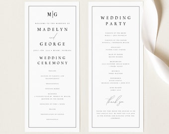 Elegant Wedding Program Template, Minimalist Order of Service, Printable Ceremony, DIY Program Card, Instant Download, Editable Text, #MDLN