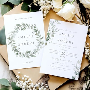 Conjunto de invitaciones de boda con vegetación, invitaciones de boda con acuarela, sobres kraft o blancos, papel mate texturizado, estilo rústico bohemio n.° 001