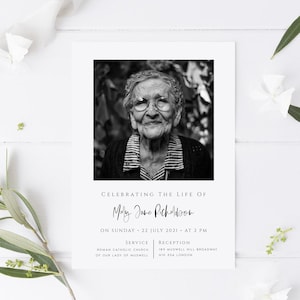 Plantilla de tarjeta de anuncio de funeral con foto, plantilla de invitación a funeral, plantilla de tarjeta de servicio conmemorativo/recepción editable e imprimible