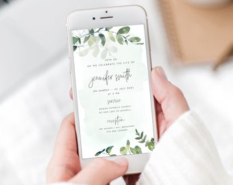 Greenery Funeral Announcement, Celebration of Life Electronic Invite (Evite) JNNFR