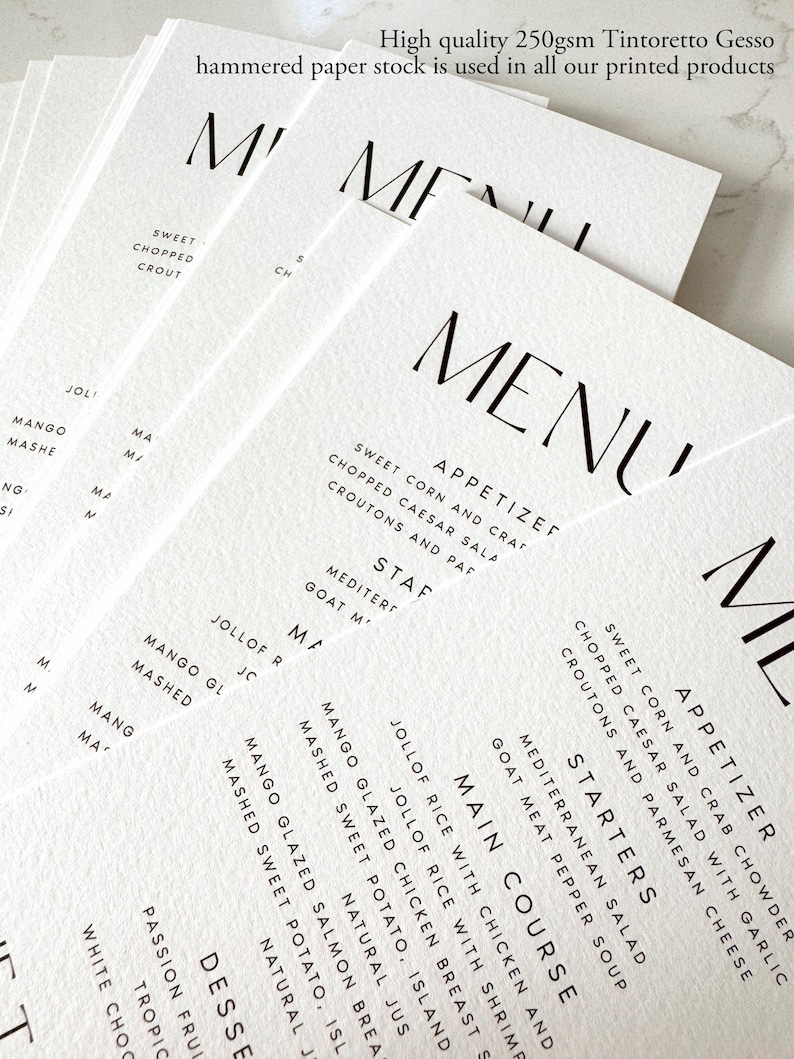 Wedding Menu Cards Printed, Modern and Minimalist Professionally Printed Event Wedding Dinner Menu, 300gsm Hammered Cardstock, #ANYA image 9