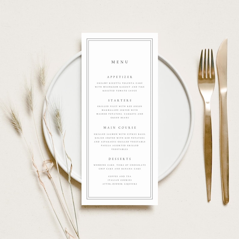 Wedding Menu Cards Printed, Modern and Minimalist Professionally Printed Event Wedding Dinner Menu, 300gsm Hammered Cardstock