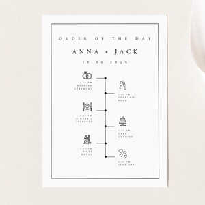 Könnte beinhalten: Ein schwarz-weißes Hochzeitsprogramm mit den Namen Anna und Jack und dem Datum 10.06.2026. Die Zeitleiste enthält Symbole für die Trauung, die Cocktailstunde, das Abendessen und die Reden, das Anschneiden der Torte, den ersten Tanz und den Abschied.