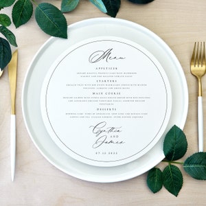 Modèle de menu rond minimaliste, carte de menu imprimable pour le dîner de mariage élégant, classique et simple, téléchargement instantané 100 % modifiable Templett, #CNTH