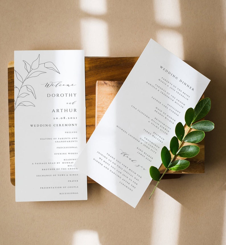 Botanical Wedding Program, Printable Wedding Ceremony Program, Fine Art Wedding Program Template, Minimalist, Edit with TEMPLETT, DOROTHY image 1