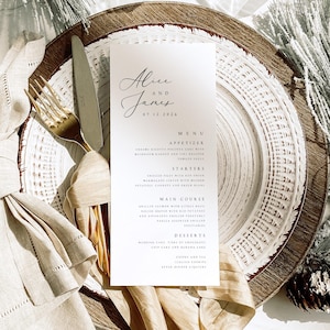 Modello di menu per matrimonio moderno, menu per matrimonio minimalista stampabile, menu per cena di nozze, modello di menu modificabile scaricabile digitalmente, #ALC