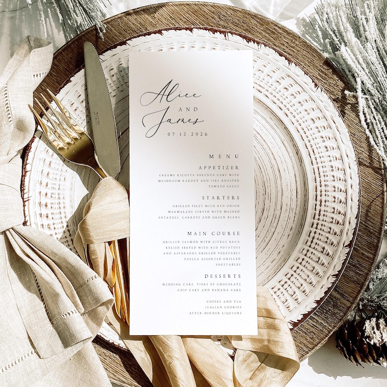 Modern Wedding Menu Template, Minimalist Printable Wedding Menu, Wedding Dinner Menu, Digital Download Editable Menu Template