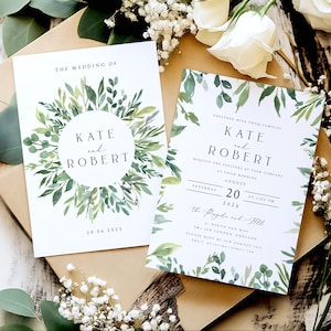 Conjunto de invitaciones de boda con vegetación, invitaciones de boda con acuarela, sobres kraft o blancos, papel mate texturizado, estilo rústico bohemio n.° 003