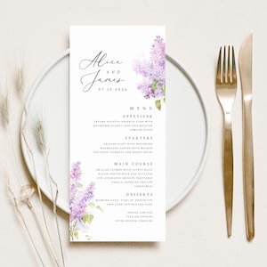 Plantilla de menú de boda, tarjeta de menú floral lavanda, menú de boda lila imprimible, tamaño DL 4x9, descarga instantánea editable, #ALCL