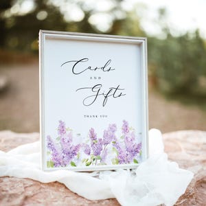 Modèle de signe pour cartes et cadeaux, signe cadeau de shower de mariage lilas lavande, signe de table cadeau floral violet, téléchargement immédiat modifiable, #ALCL