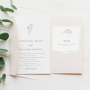 May include: A white wedding invitation with a simple floral design. The invitation is for Catherine Smith and William Harvey. The wedding will be held on August 28th, 2021 at 4:00 pm at The Fergola and Hill in North End Way, London, England. A reception will follow.