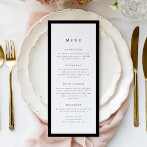 Menús de boda sencillos impresos con borde negro, tarjeta de menú impresa minimalista moderna para boda, menú de boda personalizado, menú de cena, #ANYA