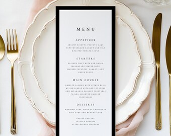 Menús de boda sencillos impresos con borde negro, modernos y minimalistas, ideales para bodas. Menú de boda personalizado. Menú para la cena. #ANYA