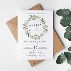 Invitaciones de boda rústicas con vegetación, elegantes, rústicas, con follaje de eucalipto, n.° 025