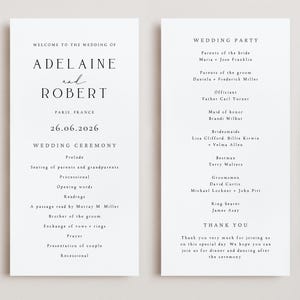 May include: Two white wedding ceremony cards with black text. The left card reads "Welcome to the Wedding of Adeline and Robert" and lists the date and location. The right card lists the wedding party.