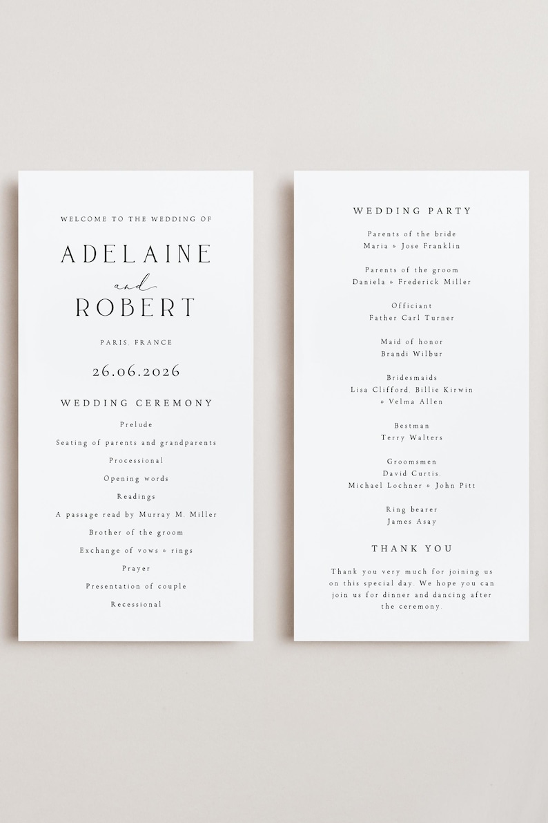 May include: Two white wedding ceremony cards with black text. The left card reads "Welcome to the Wedding of Adeline and Robert" and lists the date and location. The right card lists the wedding party.