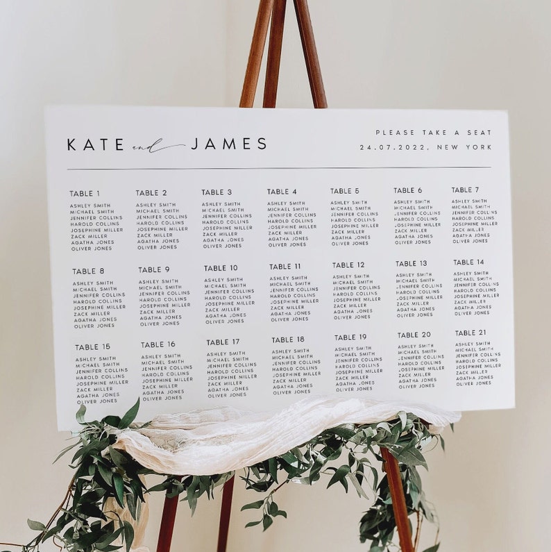 May include: A wedding seating chart with the names "Kate and James" at the top. The chart lists names under table numbers 1-21. The date and location, "24.07.2022, New York," are also displayed.