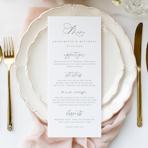 Custom Modern Wedding Menu Card, Personalized Reception Decor, Simple Minimalist Wedding Menu, Printed Dinner Menu Table Place Setting #ANTN