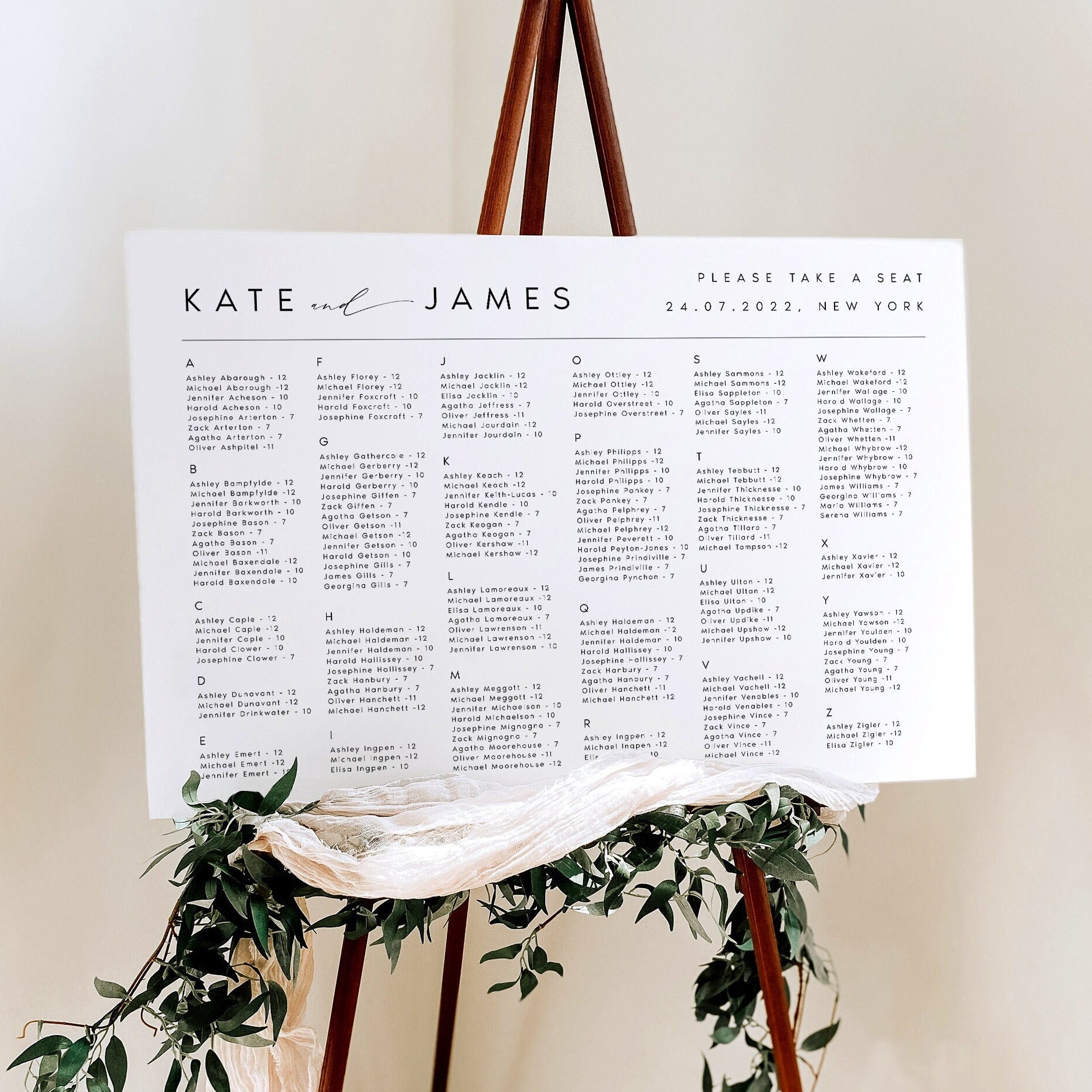 Modern Seating Plan Template, Minimalist Editable Instant Download Seating Plan, Alphabetical Digital Download Wedding Seating Chart, #KATE