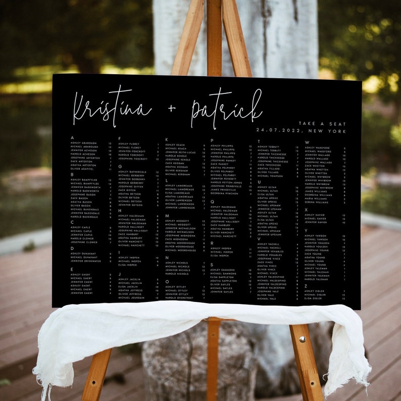 Black Seating Chart Template, Modern Editable Instant Download Seating Plan, Templett, Digital Download, Wedding Seating Chart, KRST image 1