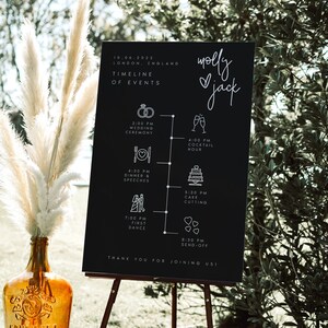 Modello di cartello per matrimonio con cronologia nera, moderno e minimalista, cartello per matrimonio con ordine degli eventi, nero, suggestivo, cartello per matrimonio stampabile Templett, #MOLLY