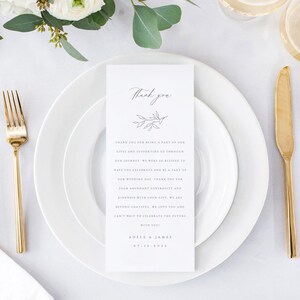 Plantilla elegante de carta de agradecimiento, nota para servilleta de boda, menú botánico de boda editable, arreglo minimalista de mesa #ADELE