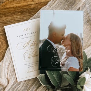 Monogram Photo Save the Date Invitation, Gold Calligraphy (Editable Template) ASH