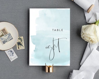 Baby Blue Modern Table Number Template, Watercolor Printable Table Numbers, DIY Editable Wedding Decor, Instant Download, Templett, #AGTH