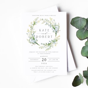 Faire-part de mariage floral élégant, invitation personnalisée à l'aquarelle avec enveloppes, couronne de fleurs sauvages bleue bohème rustique, minimaliste, #026