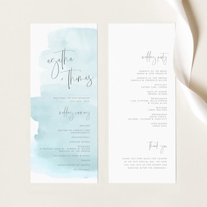 Plantilla de programa de boda en azul bebé, programa de boda con efecto de pincel de acuarela moderno, editable, descarga instantánea, prueba antes de comprar, #AGTH