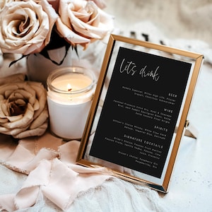 Editable Wedding Bar Menu Sign Black, Minimalist, Modern Menu Sign Template, Modern Wedding Sign, DIY, Instant Download, Templett, #HARPR