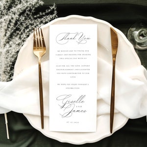 Eleganter Hochzeits-Dankesbrief, Hochzeit-Serviettennotiz, klassisches Menü Danke bearbeitbare Vorlage, minimalistisches Gedeck Danke, #GSLL
