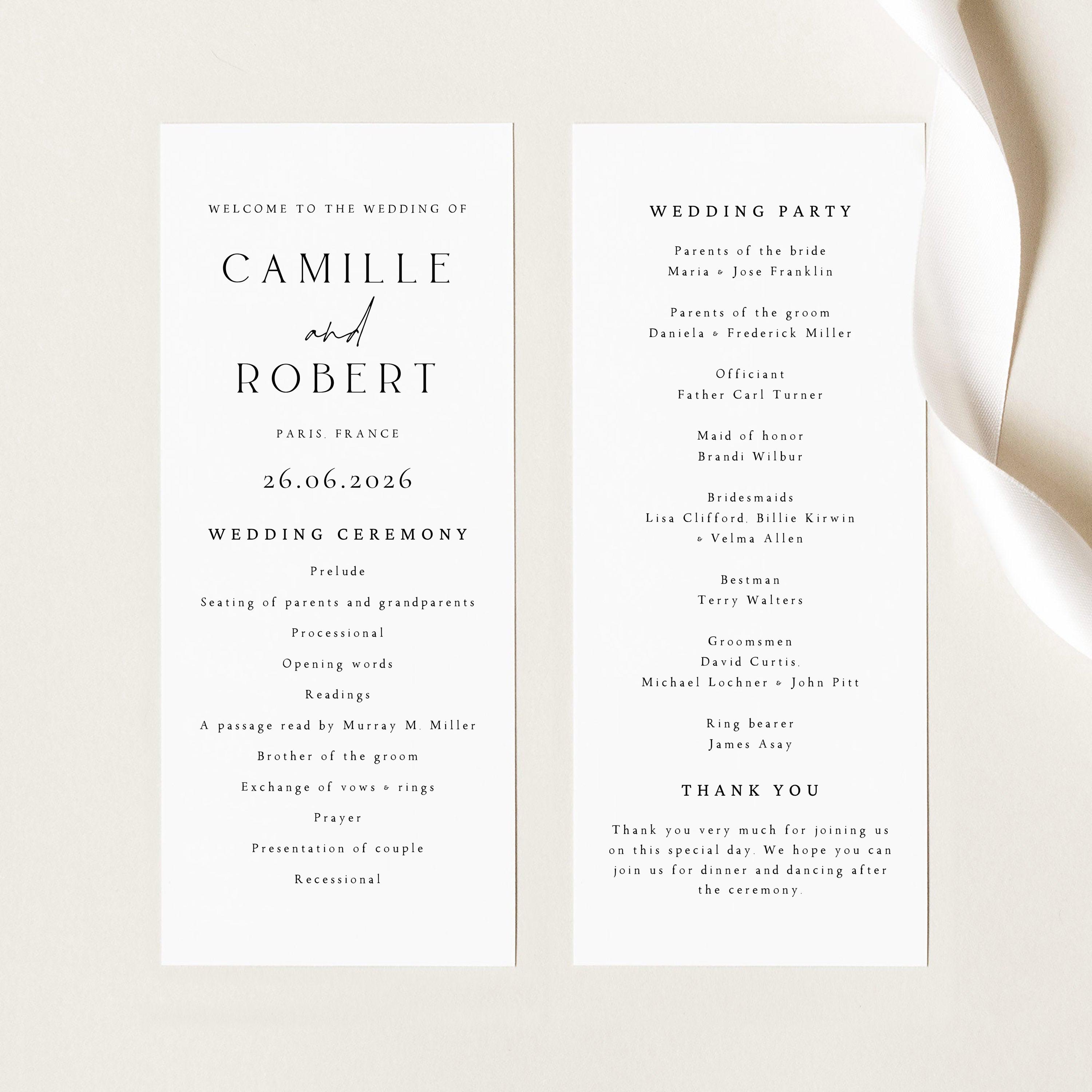 Programme Card Example Uk Minimalist Wedding Program Cards Printed Elegant Wedding Ceremony ...