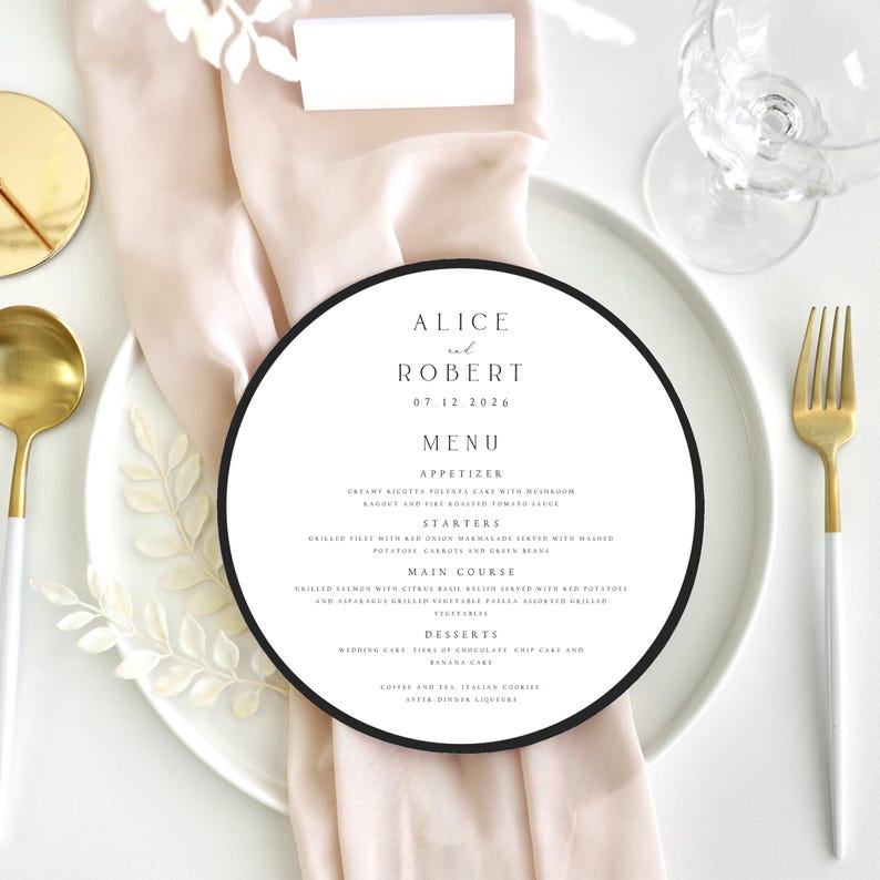 Printed Round Wedding Menu Card, Black Border Dinner Menus, Minimalist ...