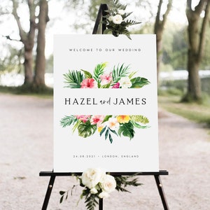 Tropical Wedding Welcome Sign, Beach Wedding Welcome Sign, Summer Wedding, Greenery & Pink, Editable, Printable, DIY, Instant Download, #HZL