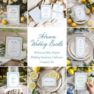 Può includere: Una collezione di partecipazioni di nozze a righe blu e bianche, tra cui inviti, segnaposto e menu. Il testo "Adriana Wedding Bundle" è visualizzato, insieme alle parole "Photo Guestbook", "The Bar" e nomi. Sono presenti anche limoni e composizioni floreali.