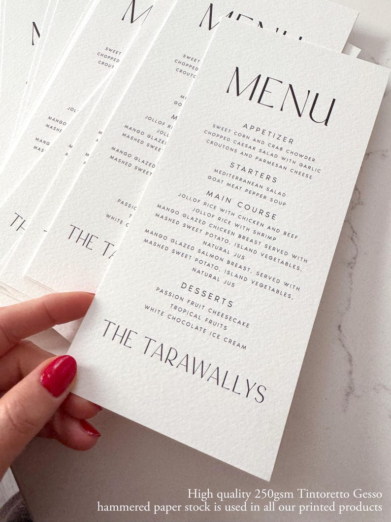 Wedding Menu Cards Printed, Modern and Minimalist Professionally Printed Event Wedding Dinner Menu, 300gsm Hammered Cardstock, #ANYA image 7
