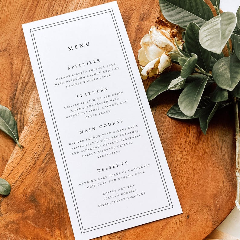 Wedding Menu Cards Printed, Modern and Minimalist Professionally Printed Event Wedding Dinner Menu, 300gsm Hammered Cardstock