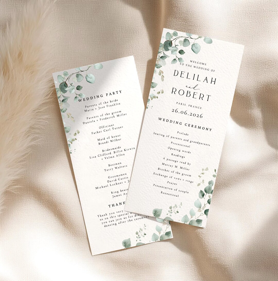 Programme Card Example Uk Wedding Program Cards: Elegant Greenery Ceremony Itinerary, Eucalyptus ...