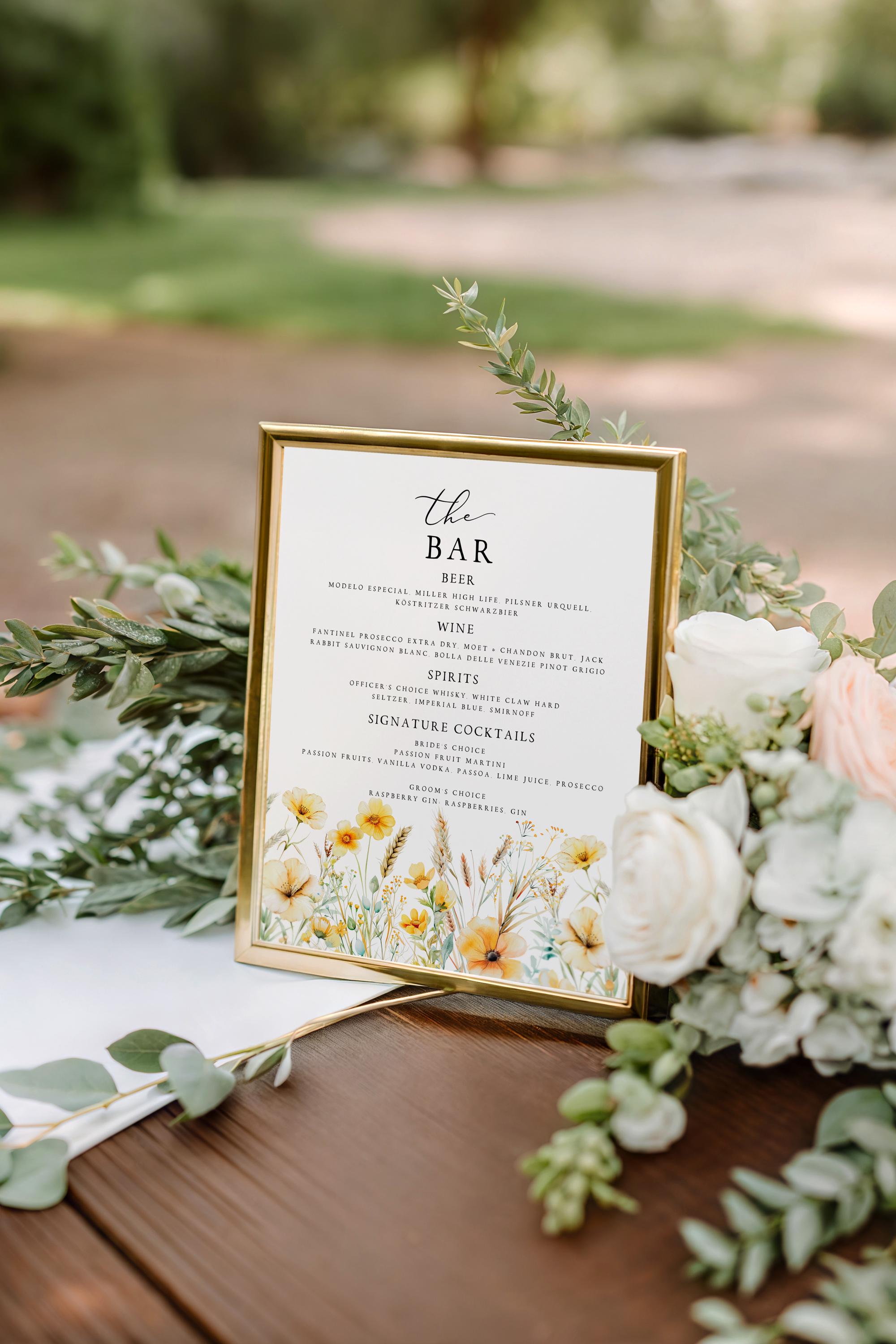 Canva Wedding Bar Sign Template: Yellow Wildflower Summer Florals ...