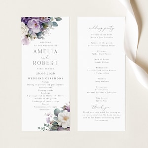 May include: A two-sided wedding programme card featuring purple and white floral illustrations with eucalyptus leaves. The text includes the names Amelia and Robert, the date 26.06.2026, the location Paris France, the ceremony order, and the wedding party list.