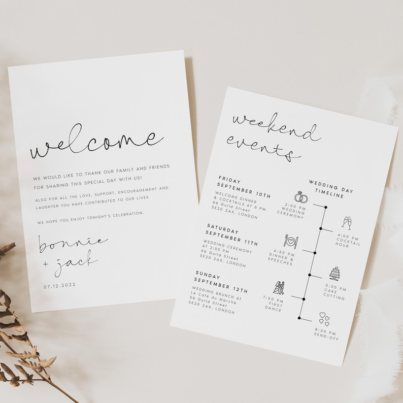 Modern Wedding Itinerary Template, Wedding Weekend Timeline, Schedule of Events, Editable, Printable, Digital Download, TEMPLETT