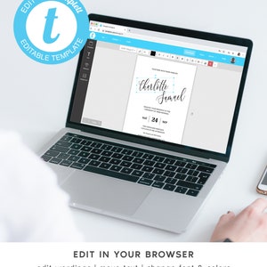 May include: A laptop computer displaying a wedding invitation template on the screen. The template is editable and features the text "Charlotte Samuel" in a cursive font. The invitation is for a wedding ceremony on Saturday, September 24th. The text "EDIT IN YOUR BROWSER" is displayed below the laptop screen, along with instructions for editing the template, including editing wordings, moving text, changing font and colors, adding an image, and changing the background color.